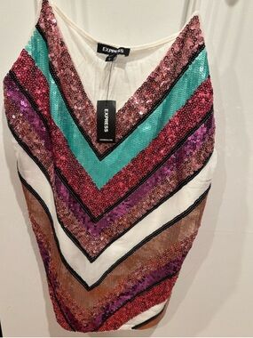 Express NEW Sequined Multicolor Tank White Womens L Y2K Festival Indie Sleeze